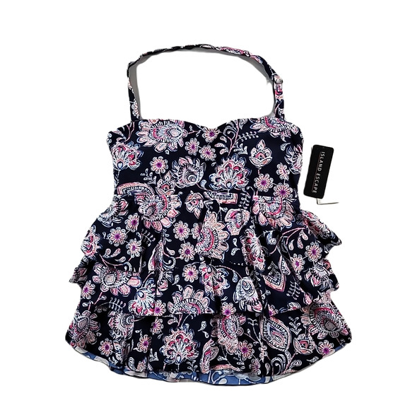 ISLAND ESCAPE Bandini Swimsuit Top Womens 10 Navy Floral Stretch Removable Cups‎ - Picture 1 of 4